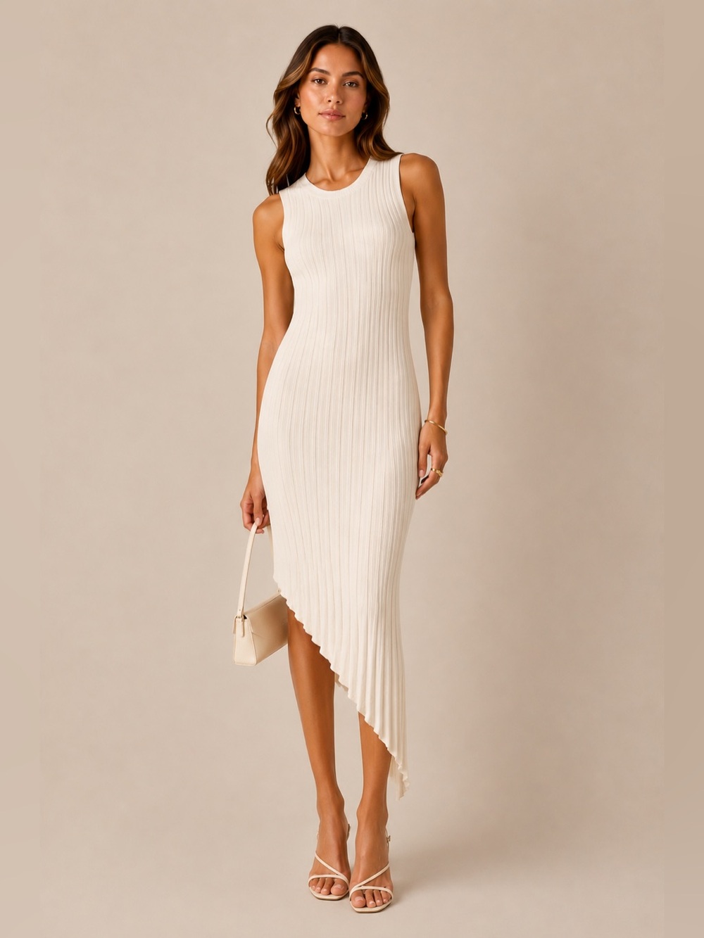 Revolve Line & Dot Magnolia Rib Dress Ivory Asymmetrical Hem Sleeveless Midi‎ M